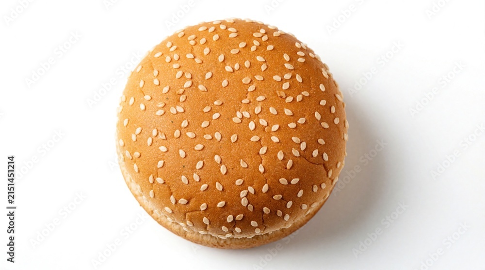 Obraz premium Top view of sesame seed bun on white background. Single bread roll isolated for food design. Fresh bakery product with many seeds on plain surface. Perfect for menu layout cooking recipe concept with