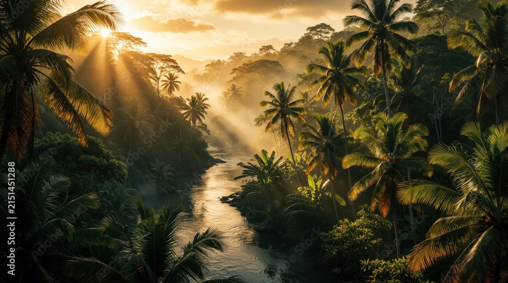 Obraz premium Golden sunset beams pierce misty tropical jungle illuminating river. Rich green palm trees line watercourse. Peaceful remote valley offers scenic natural beauty.
