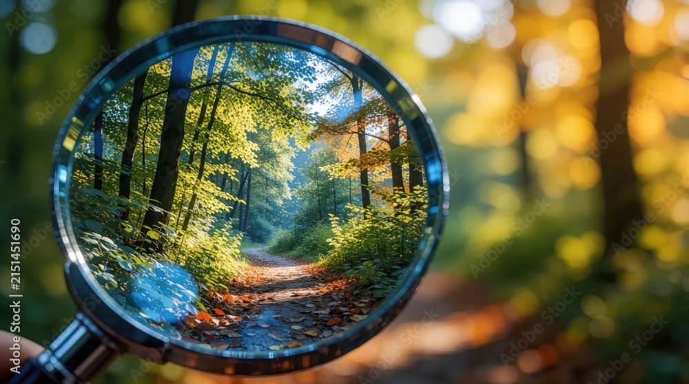 Obraz premium Magnifying glass shows clear forest path through lens. Sunny woodland scene with green leaves, trees reflected in round mirror. Blurred background creates bokeh effect. Nature view through glass tool