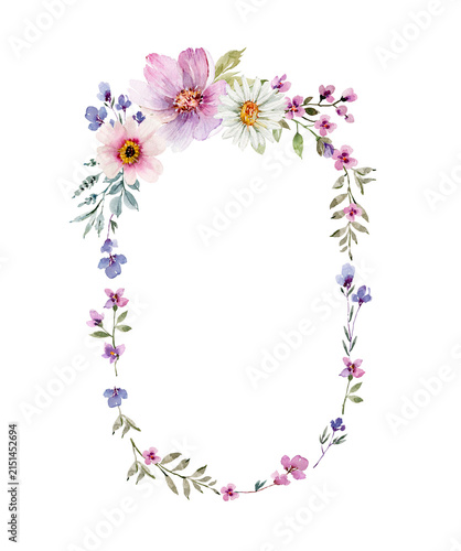 An elegant oval frame with a floral design. A botanical watercolor illustration of leaves and plants for decorating and creating a hand-drawn wedding invitation.
