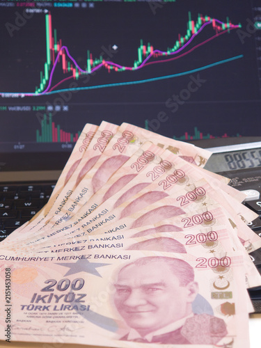 Vertical Close-up of 200 Turkish Lira Bills with Trading Chart Background