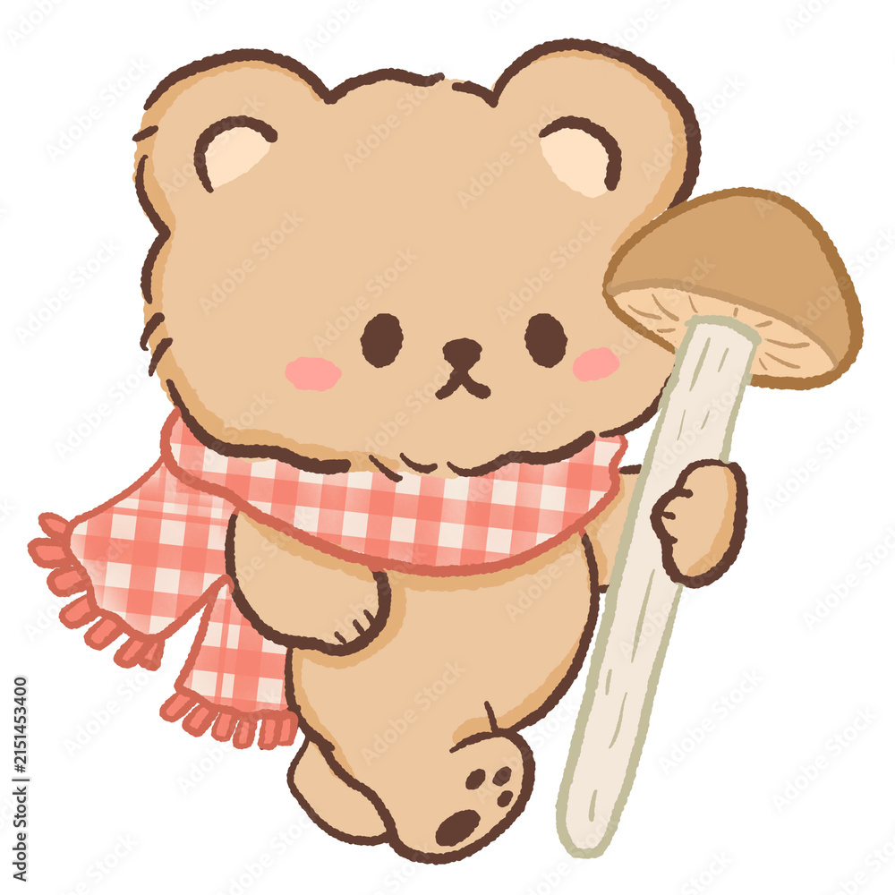 Fototapeta premium Cute Kawaii Bear Wearing a Gingham Scarf Holding a Giant Mushroom Cozy Cottagecore Woodland Illustration