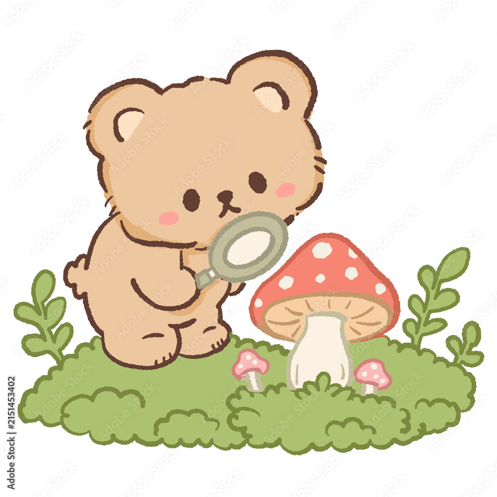 Fototapeta premium Cute Kawaii Bear Exploring a Red Mushroom with a Magnifying Glass Cozy Woodland Foraging Illustration