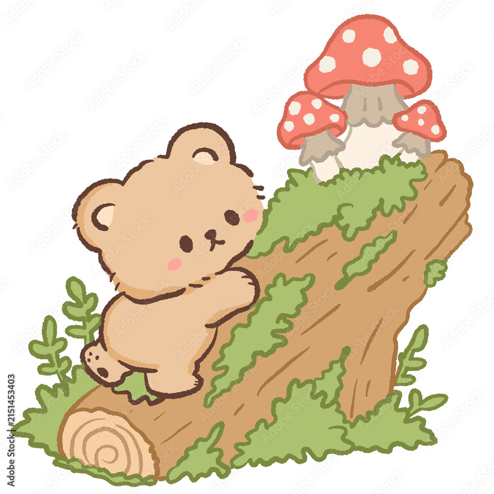 Fototapeta premium Cute Kawaii Bear Climbing a Mossy Fallen Log with Red Mushrooms Cozy Woodland Forest Illustration
