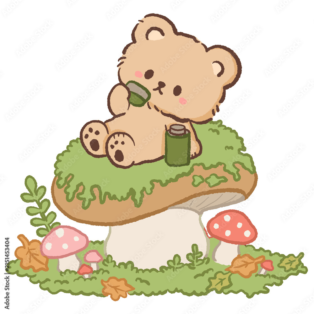 Fototapeta premium Cute Kawaii Bear Sitting on a Giant Mushroom Drinking from a Tiny Green Cup Woodland Cottagecore Illustration