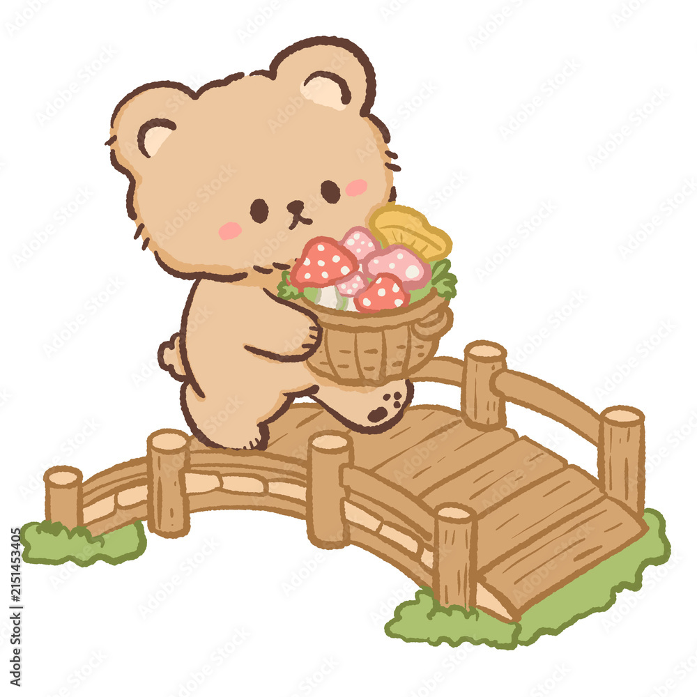 Fototapeta premium Cute Kawaii Bear Walking Across a Wooden Bridge Carrying a Basket of Colorful Mushrooms Woodland Foraging Illustration