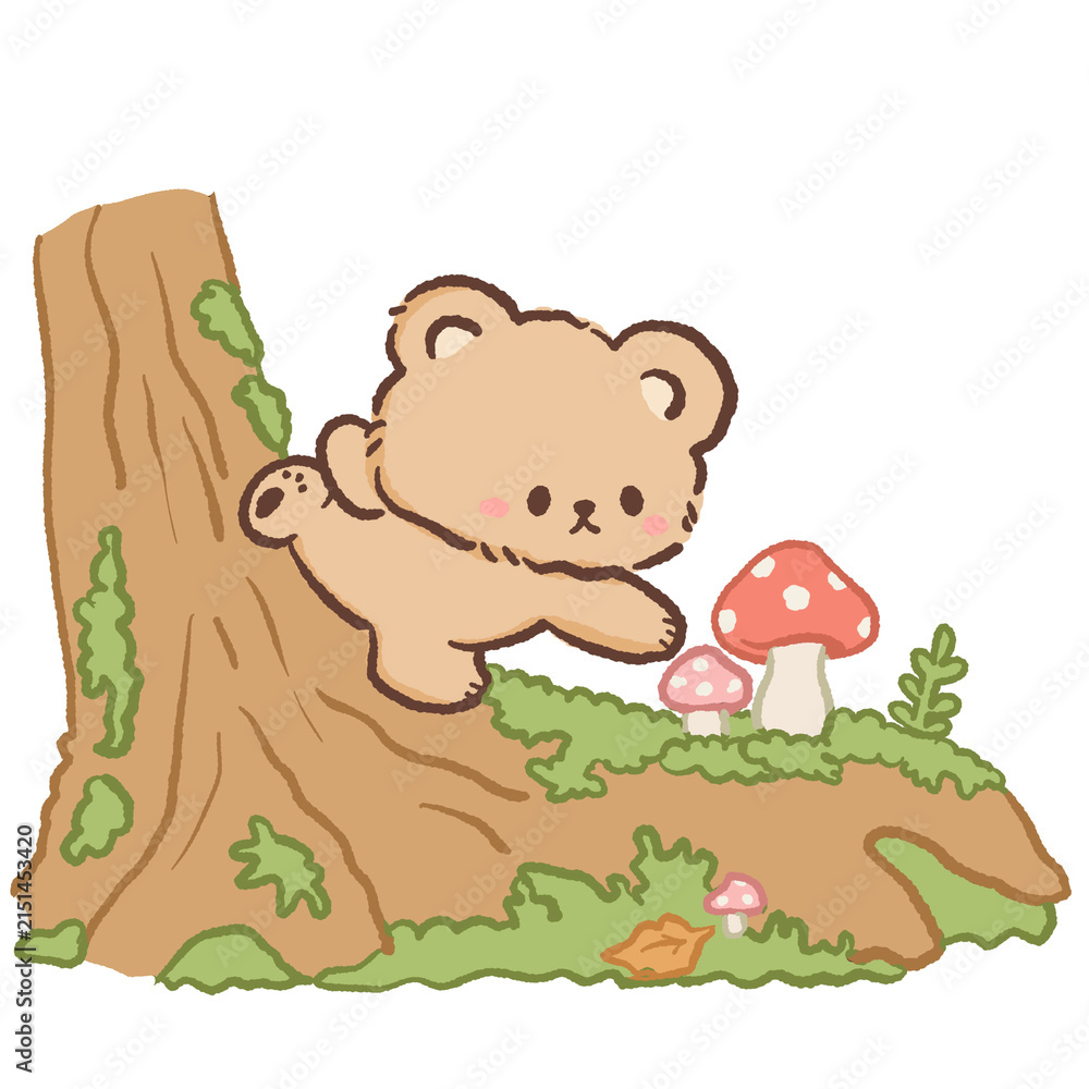 Fototapeta premium Cute Kawaii Bear Climbing on a Mossy Tree Log with Red Mushrooms Cozy Woodland Autumn Illustration