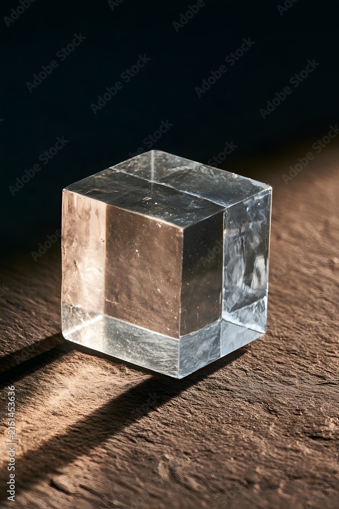 Fototapeta premium Translucent Resin Cube on Dark Slate Field