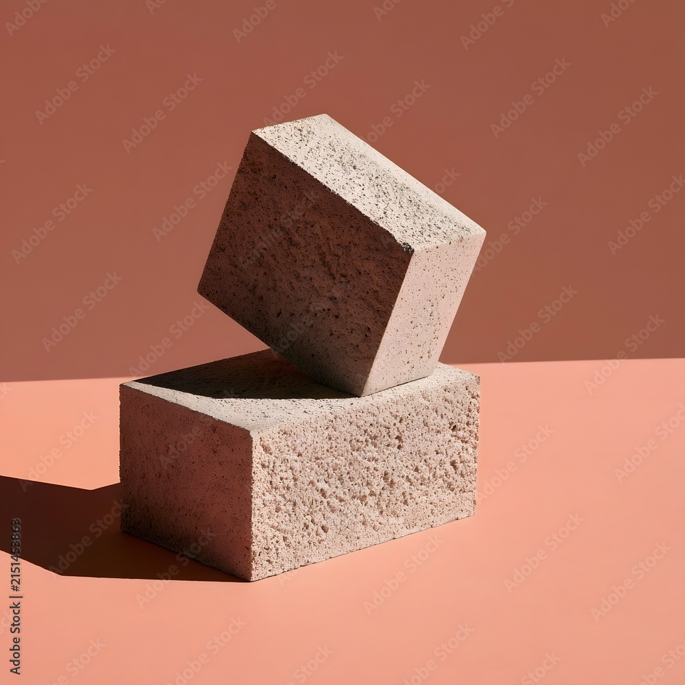 Fototapeta premium Geometric Concrete Block on Pale Terracotta Background