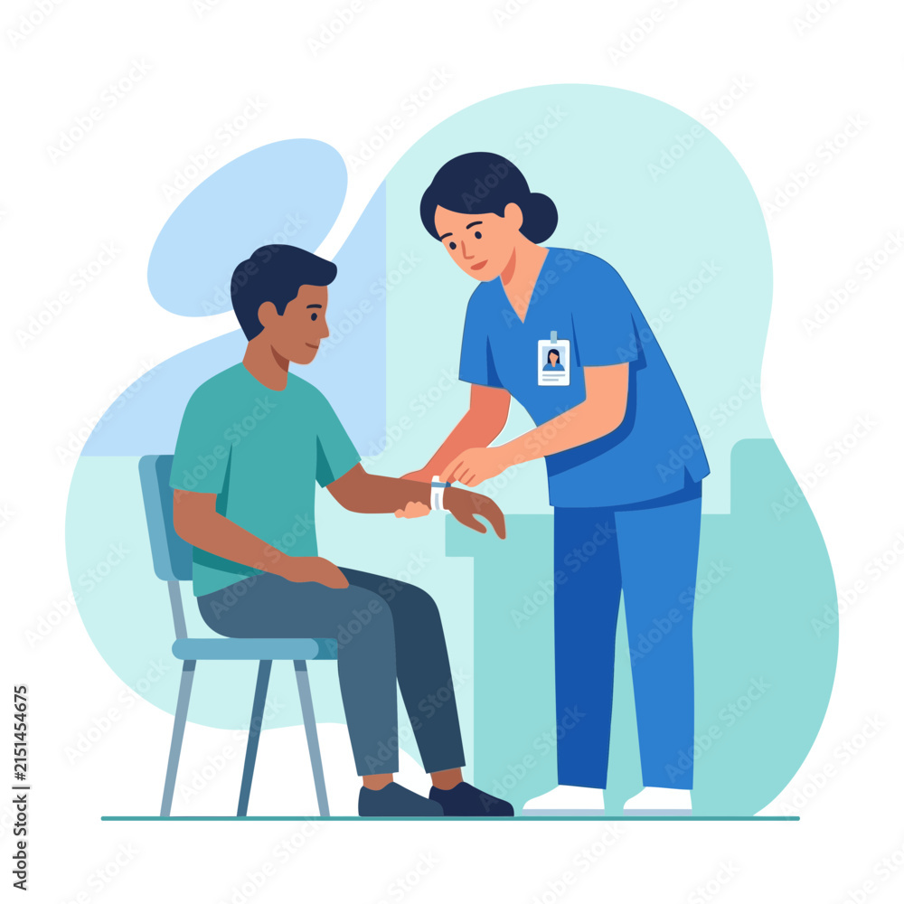Fototapeta premium Nurse Attaching Blood Pressure Cuff to Patient's Arm in Modern Flat Illustration Style