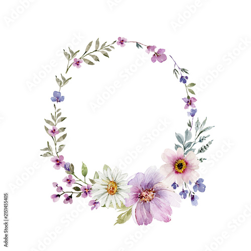 Round elegant floral frame. Botanical watercolor illustration with leaves and plants for design and hand-drawn wedding invitation.