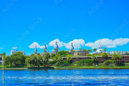 Tampa, Florida USA - Jan 03, 2024: Tampa Hillsborough riverwalk, downtown and University of Tampa landscape