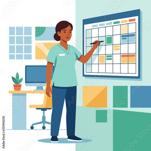 Professional woman marking calendar in office, planning, scheduling, and organization concept, flat design.