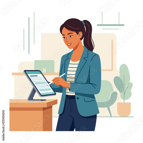 Professional Woman Using Digital Tablet for Work in Modern Office Setting
