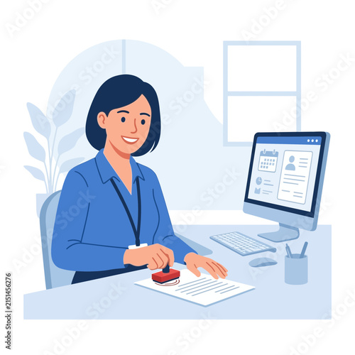 Professional woman stamping document at desk with computer, illustration of administrative work and approval