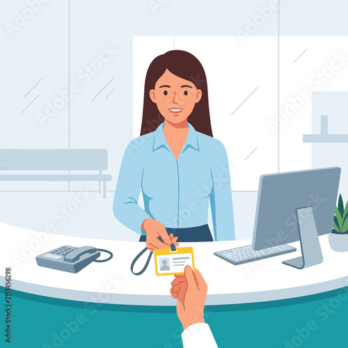 Receptionist handing ID badge to visitor at counter with computer and phone, flat vector illustration.