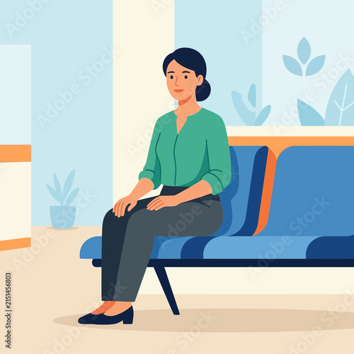 Woman Sitting on Blue Bench in Waiting Room - Flat Vector Illustration