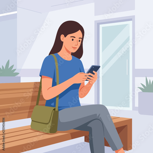 Woman sitting on park bench using smartphone, flat vector illustration