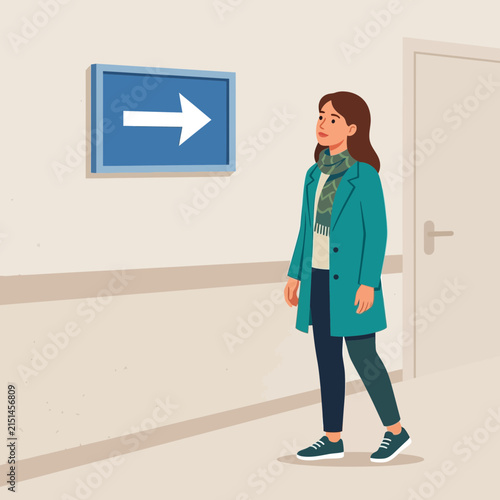 Woman standing in hallway looking at directional arrow sign, simple flat vector illustration