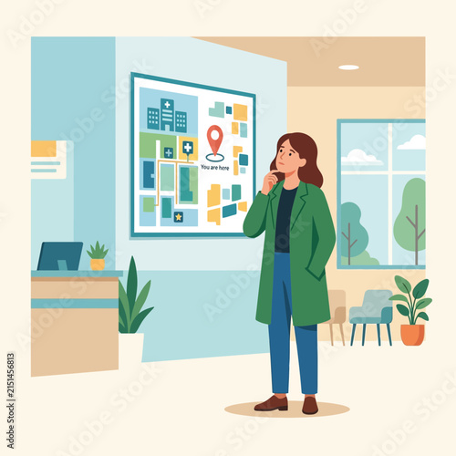 Woman studies hospital map in modern clinic reception area, flat design vector illustration
