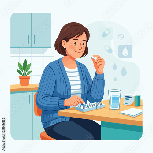 Woman taking daily medication from a pill organizer, healthy lifestyle, healthcare concept