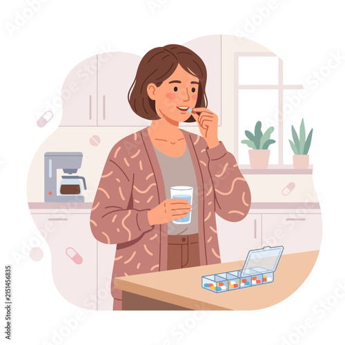 Woman Taking Pill With Water From Daily Organizer, Healthy Lifestyle, Medicine, Vitamins