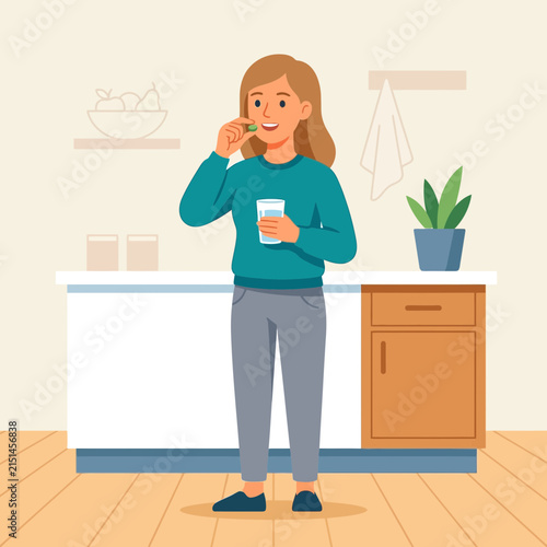 Woman taking vitamin pill with glass of water in modern kitchen, healthy lifestyle, wellness concept