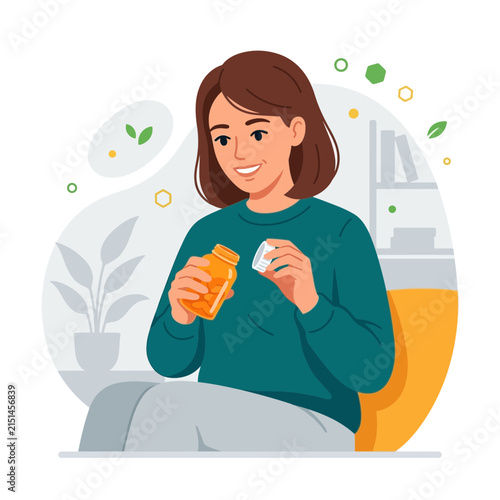 Woman taking vitamin pills from a bottle, representing health, wellness, and self-care.