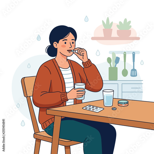 Woman taking pill with water at kitchen table, concept of medicine, health, and self-care