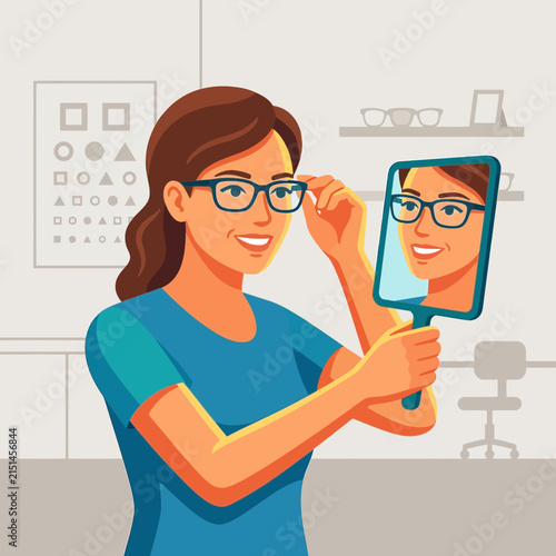 Woman trying on eyeglasses at optician's office, looking in mirror