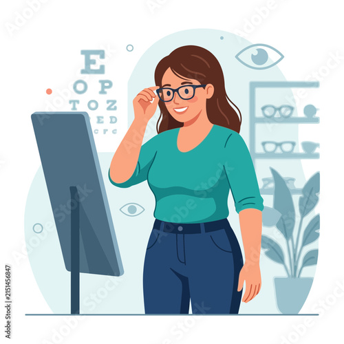 Woman Trying On Glasses at Optometrist with Eye Chart and Mirror