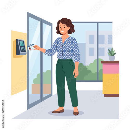 Woman Uses Access Card to Enter Building Through Security Scanner at Office Entrance