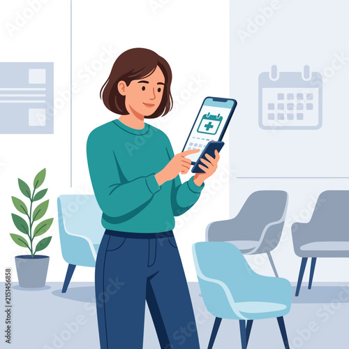 Woman uses smartphone for healthcare appointment scheduling, waiting room with calendar and chairs, flat vector illustration