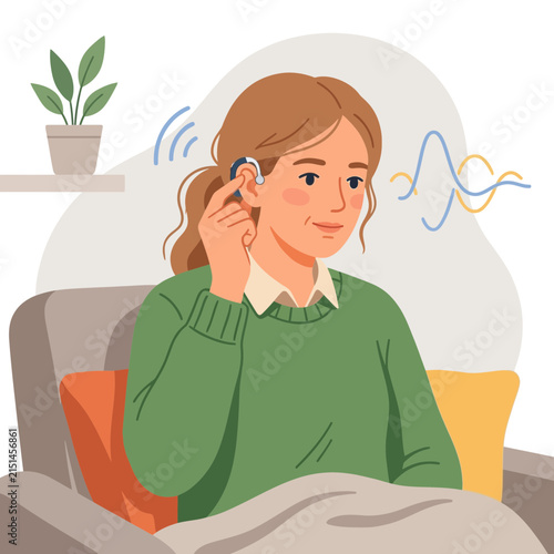 Woman uses cochlear implant, demonstrating hearing assistance and sound waves