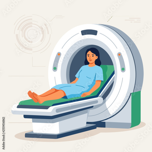 Woman Undergoing CT Scan in Modern Medical Imaging Machine, Healthcare Technology Illustration