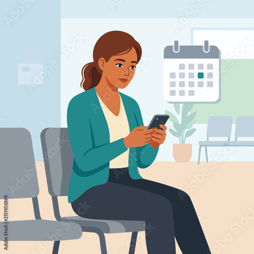 Woman Uses Smartphone While Waiting in a Waiting Room with Calendar and Chairs