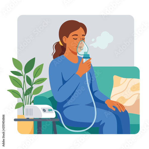 Woman using a nebulizer for respiratory treatment at home, vector illustration