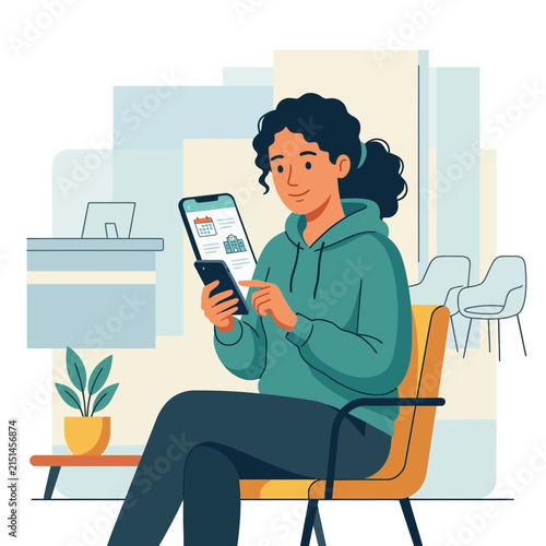 Woman uses smartphone in waiting room, viewing calendar and buildings on screen