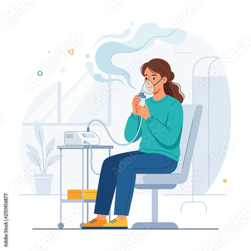 Woman using a nebulizer for respiratory treatment, modern flat illustration
