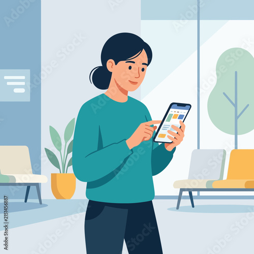 Woman using a smartphone in a modern waiting room with minimalist furniture and plants.