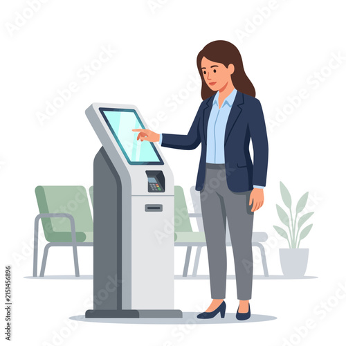 Woman using a touchscreen self-service kiosk in a waiting area, flat design vector illustration.