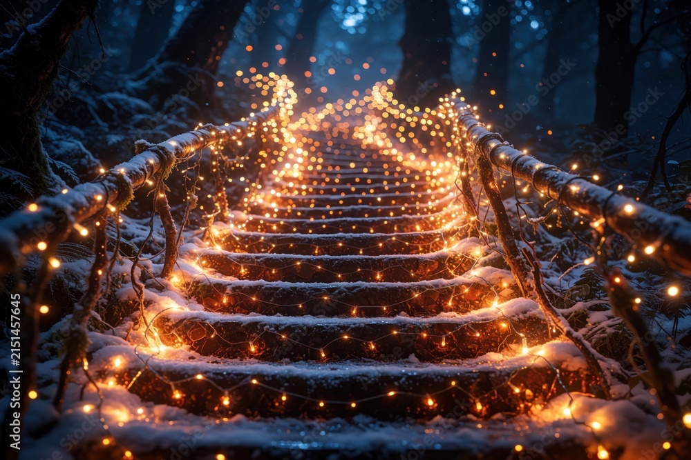 Fototapeta premium Snow covered forest stairs illuminated with warm fairy lights create a magical pathway. The bright glow invites exploration up the wintry stpic in this enchanting scene.