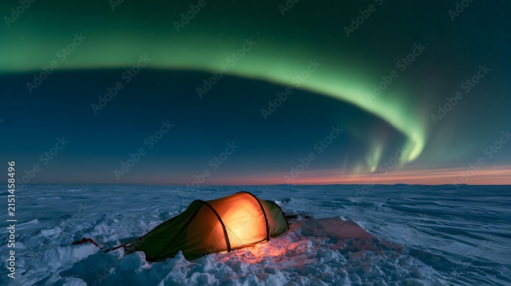 Fototapeta premium Glowing tent in snow covered tundra under aurora borealis