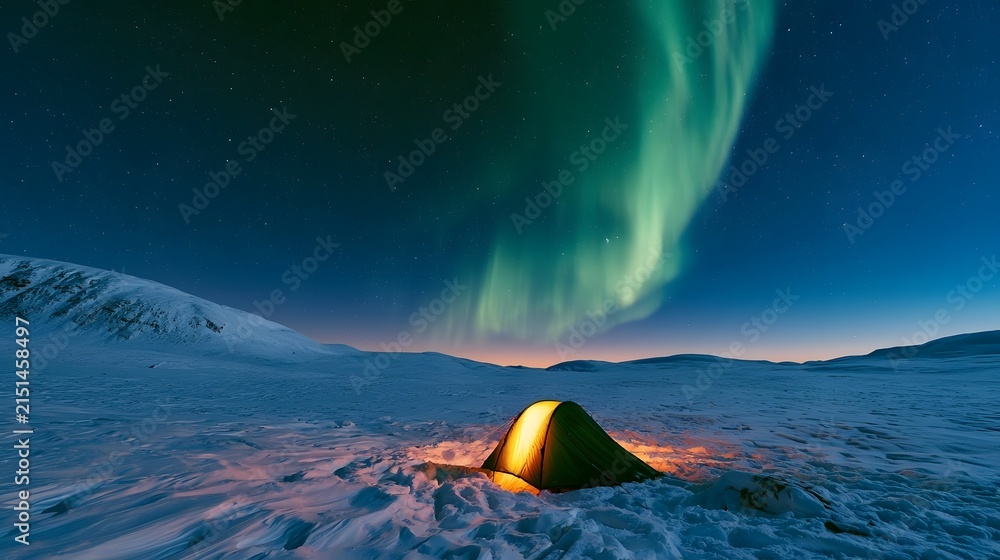 Fototapeta premium Glowing tent in snow covered tundra under aurora borealis