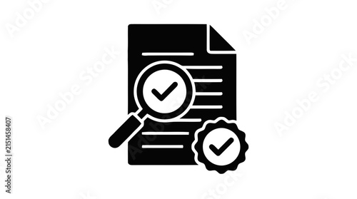 Vector illustration of document verification icon with magnifying glass and seal on a transparent background