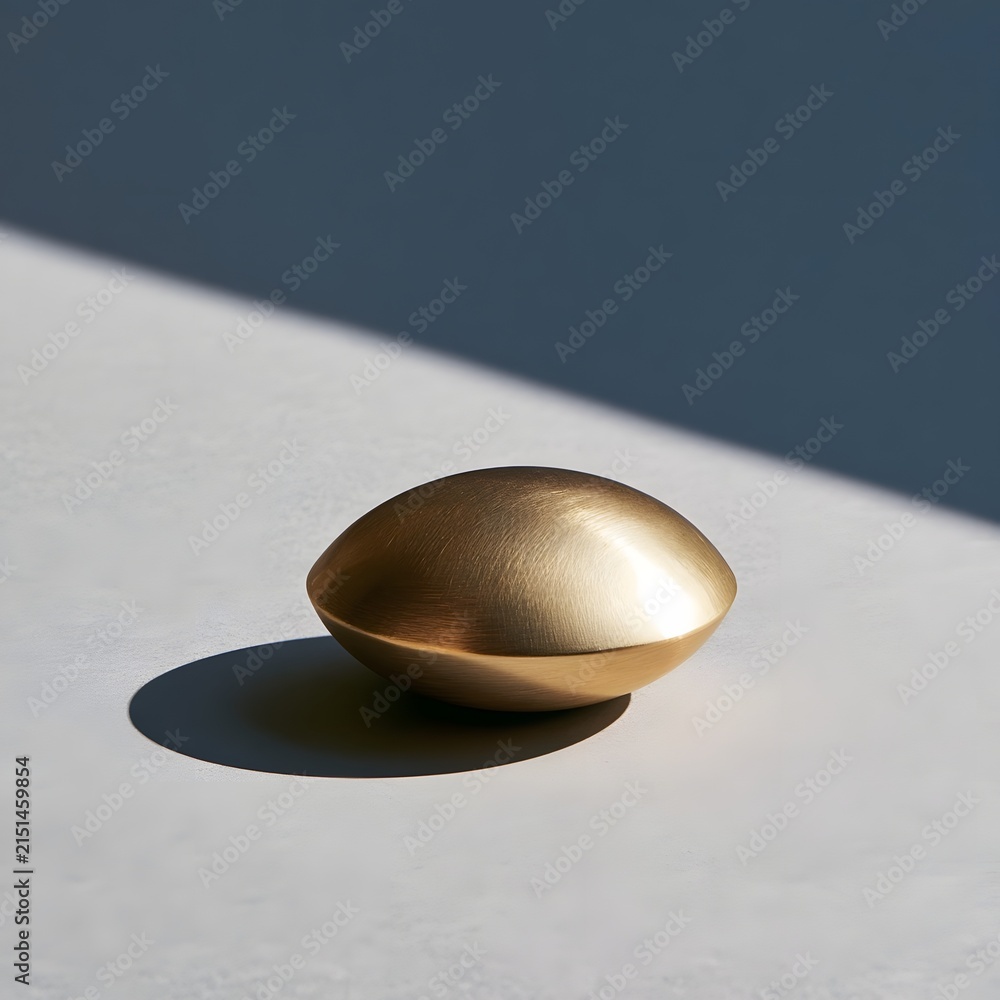Fototapeta premium Single brass paperweight centered on a soft gray background with harsh diagonal shadow
