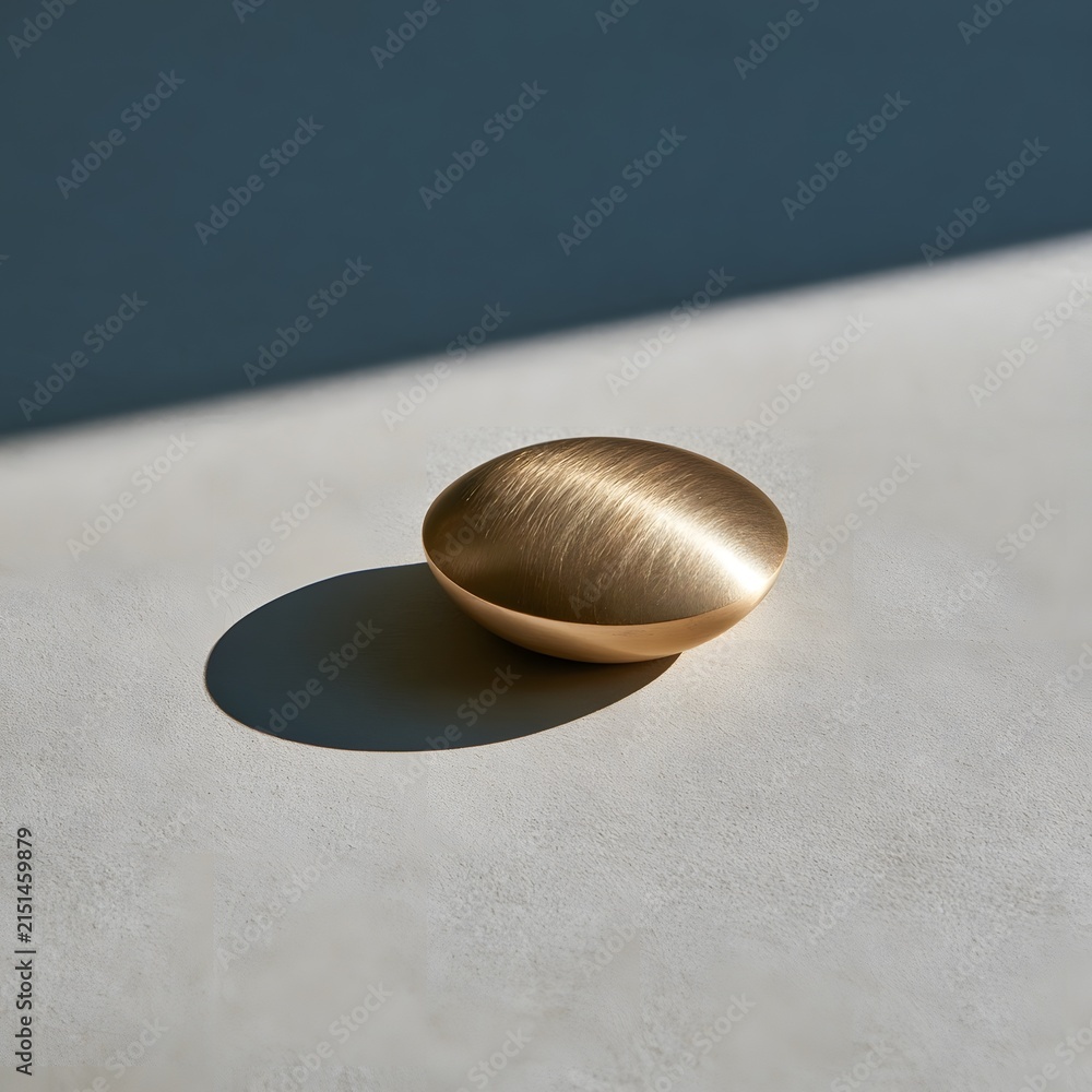 Fototapeta premium Single brass paperweight centered on a soft gray background with harsh diagonal shadow