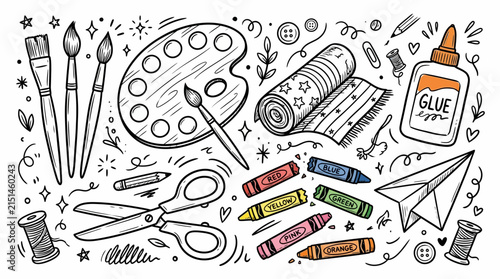 Creative Arts and Crafts Doodle Collection with Painting Tools and School Supplies in Black Line Art