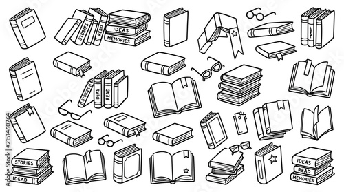 Hand drawn black line art collection of open and closed books, reading glasses and bookmarks for education