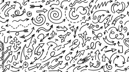 Seamless Pattern of Creative Hand Drawn Black Arrows and Swirls Doodle Sketch